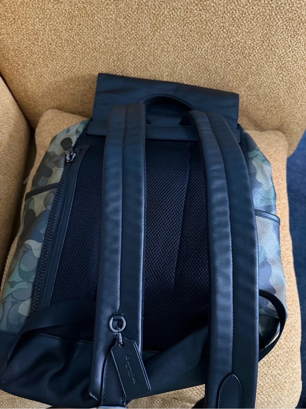 Coach Men’s Green Camo Backpack with Black Leather Trim